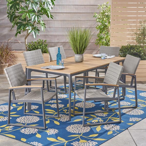 Noble House Westcott Gray 7-Piece Aluminum and Faux Rattan Outdoor Dining Set with Faux Wood Table Top