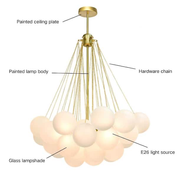 3-Light Gold Modern Cluster Globe Bubble Chandelier with Frosted Glass Shades (No Bulbs Included)