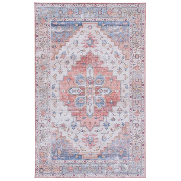 SAFAVIEH Tuscon Beige/Blue Doormat 3 ft. x 5 ft. Machine Washable Distressed Medallion Area Rug