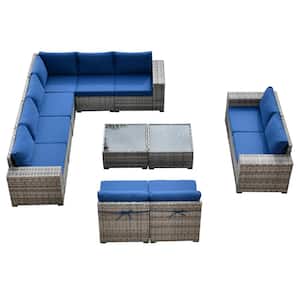 Tahoe Grey 12-Piece Wicker Wide Arm Outdoor Patio Conversation Sofa Seating Set with Navy Blue Cushions