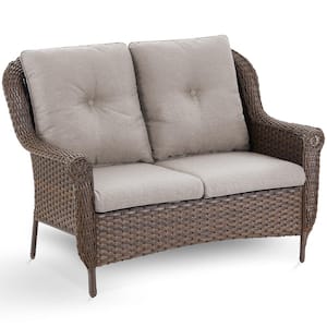 Floral Brown 1-Piece Wicker Outdoor Loveseat Patio 2-Seat Sofa with CushionGuard Beige Cushions