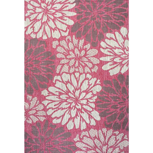 Zinnia Modern Floral Textured Weave Fuchsia/Light Gray 9 ft. x 12 ft. Indoor/Outdoor Area Rug