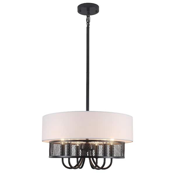 18.11 in. 6-Light Matte Black Pendant Design Drum Chandelier with Fabric Shade and No Bulbs Included For Living Room