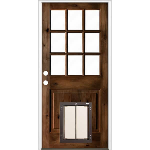 36 in. x 80 in. Right-Hand 9-Lite Clear Glass Provincial Stained Wood Prehung Door with Large Dog Door