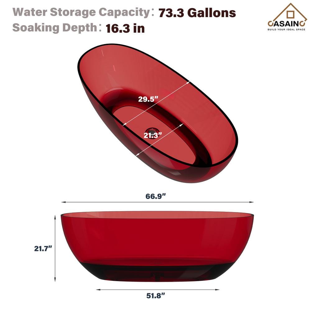 67'' Wine Red Transparent Resin Freestanding Soaking Bathtub