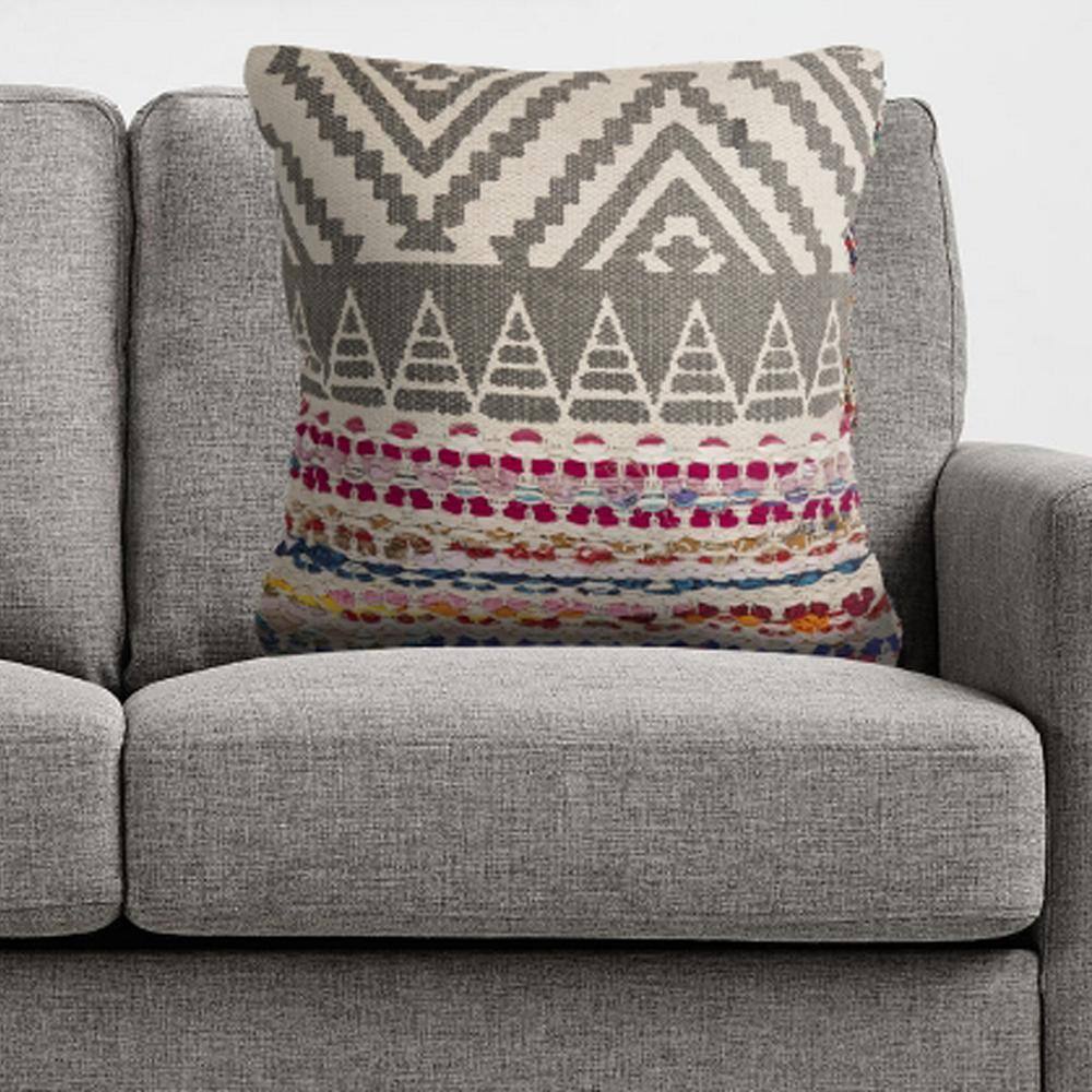 Boho Chic Embroidered Square Throw Pillow 18"x18" in Blue & Beige