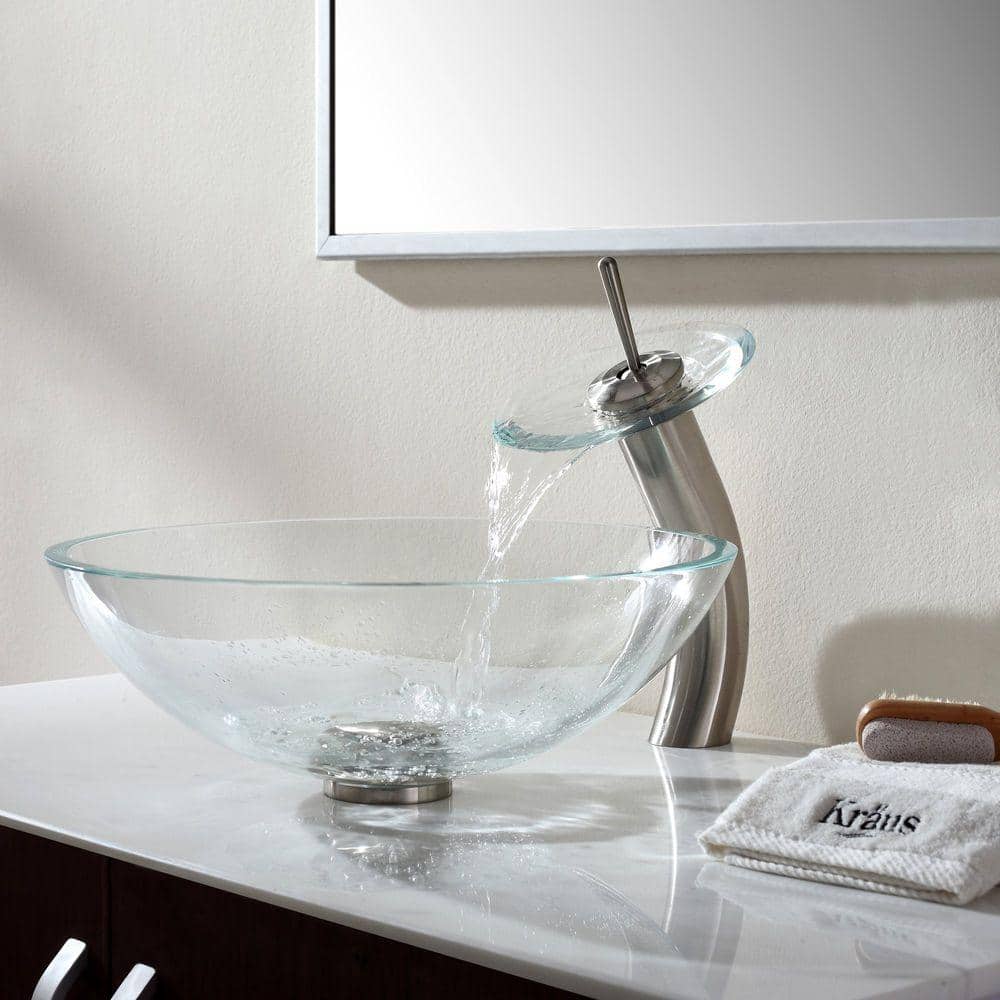 Crystal Clear Round Glass Vessel Sink with Satin Nickel Drain