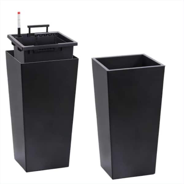 22" Tall Planter Set of 2, Black Outdoor & Indoor Pots, Drainage Holes, Water Monitor, Automatic Watering, Inner Bucket