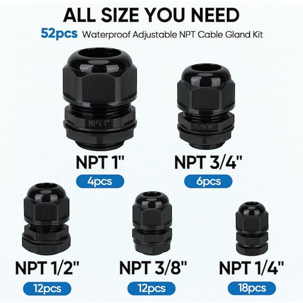 Wocloer 54 Pack Black NPT Cable Glands Kit IP68 Waterproof Adjustable Nylon Connectors 1/4 3/8 1/2 3/4 1 for Junction Electrical Box Cord Grip Strain Relief, Conduit Fittings - Canada