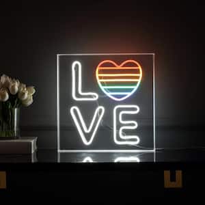 LOVE 15 in. Square Contemporary Glam Acrylic Box USB Operated LED Neon Night Light, White/Rainbow