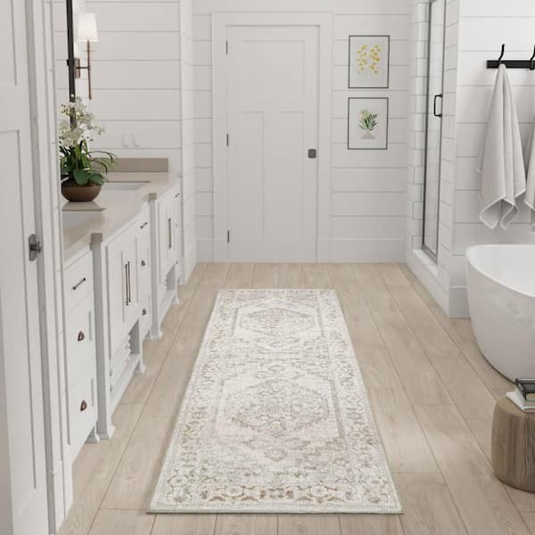 Astra Machine Washable Grey 2 ft. x 6 ft. Center medallion Traditional Runner Area Rug