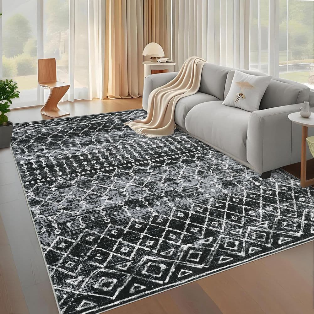 Black 10 ft. ft. x 13 ft. Bohemian Style Rug Ultra Thin Soft Polyester ...