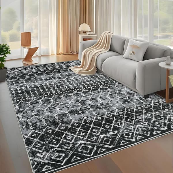 Black 10 ft. ft. x 13 ft. Bohemian Style Rug Ultra Thin Soft Polyester