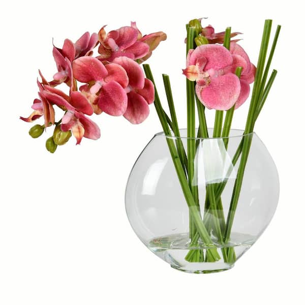 Vickerman 9 .8 in. Pink Artificial Butterfly Orchid Floral Arrangement in Glass Pot
