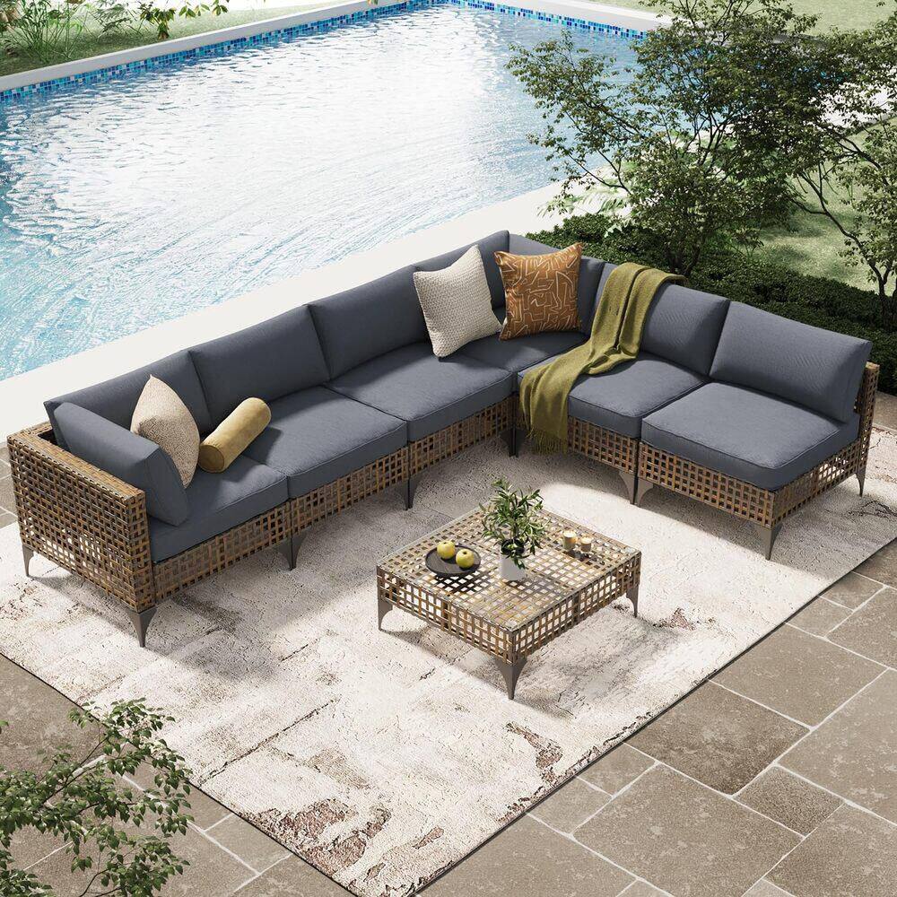 Tenleaf 7-Piece Brown Wicker Patio Conversation Set with Dark Gray ...