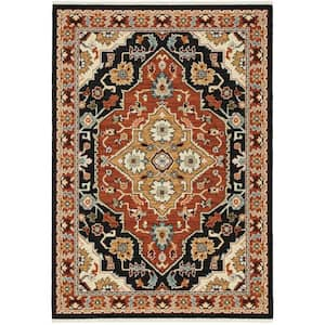 Lillian Black/Red Doormat 3 ft. x 5 ft. Medallion Traditional Oriental Wool/Nylon Blend Fringed-Edge Indoor Area Rug