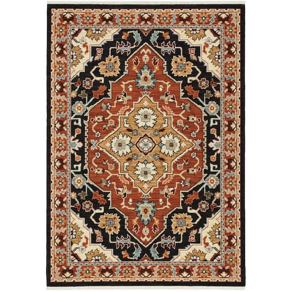 Lillian Black/Red 5 ft. x 8 ft. Medallion Traditional Oriental Wool/Nylon Blend Fringed-Edge Indoor Area Rug