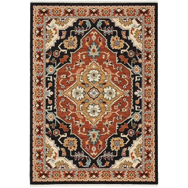 Lillian Black/Red 6 ft. x 9 ft. Medallion Traditional Oriental Wool/Nylon Blend Fringed-Edge Indoor Area Rug