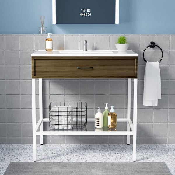 Arya 30 in. W Freestanding Single Sink White Bath Vanity with White Solid Surface Top and White Legs