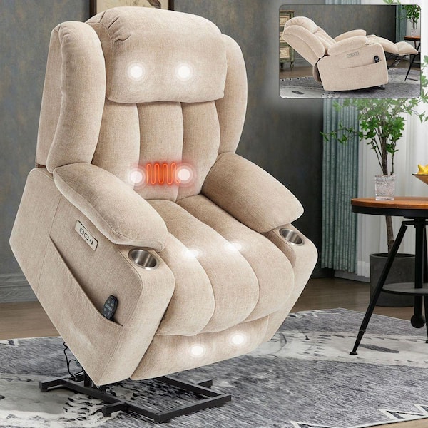 sumyeg 34.6 in. W Beige Chenille Power Lift Recliner Chair with