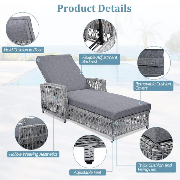 1-Piece Wicker Rattan Outdoor Chaise Lounge with Gray Removable Cushions for Poolside and Garden