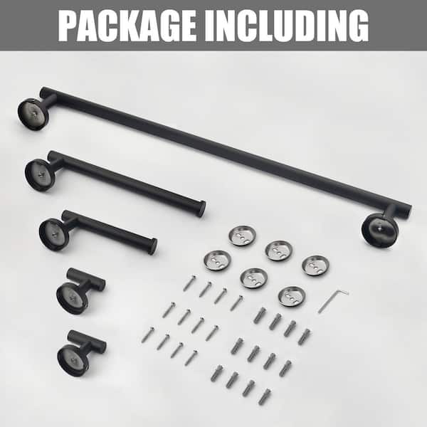 Bathroom Hardware 5-Piece Bath Hardware Set with Towel Bar, Robe Hook, Toilet Paper Holder in Black