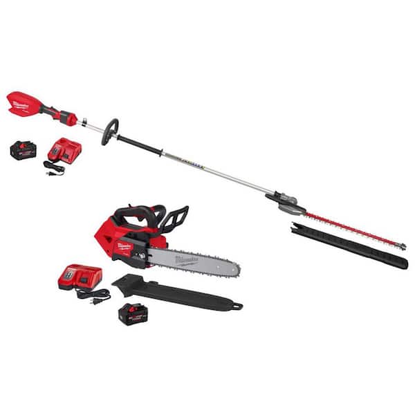 M18 FUEL 18V 24 in. Brushless Cordless Extended Pole Articulating Hedge Trimmer Kit w M18 14 in Top Handle Chainsaw Kit