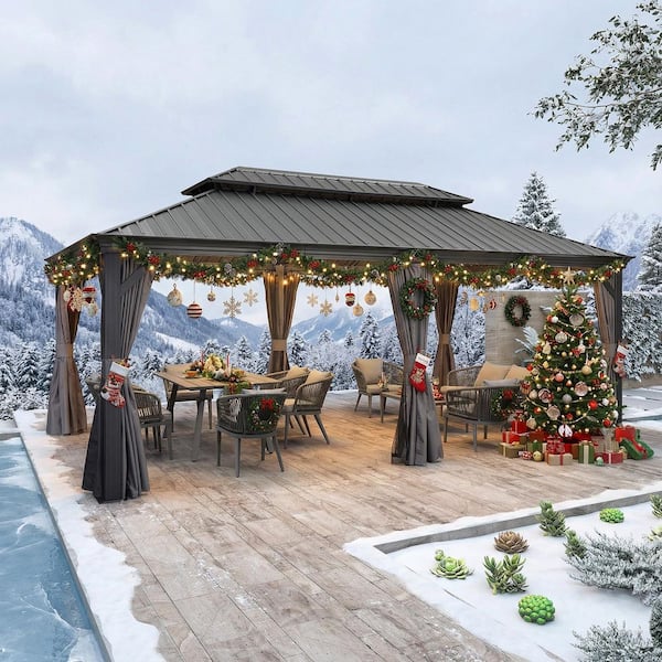 12 ft. x 20 ft. Luxury Patio Outdoor Gazebo for Backyard Hardtop Aluminum Frame with Netting, Hooks, Upgrade Curtain