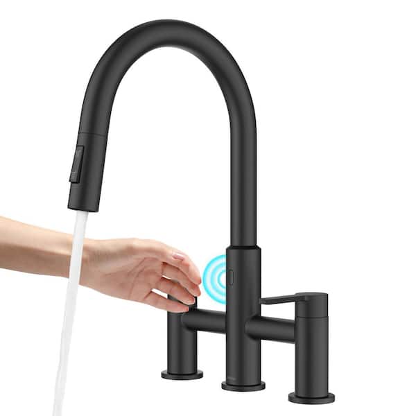 KRAUS Oletto Touchless Sensor Double Handle Bridge Kitchen Faucet with Pull-Down Sprayhead in Matte Black