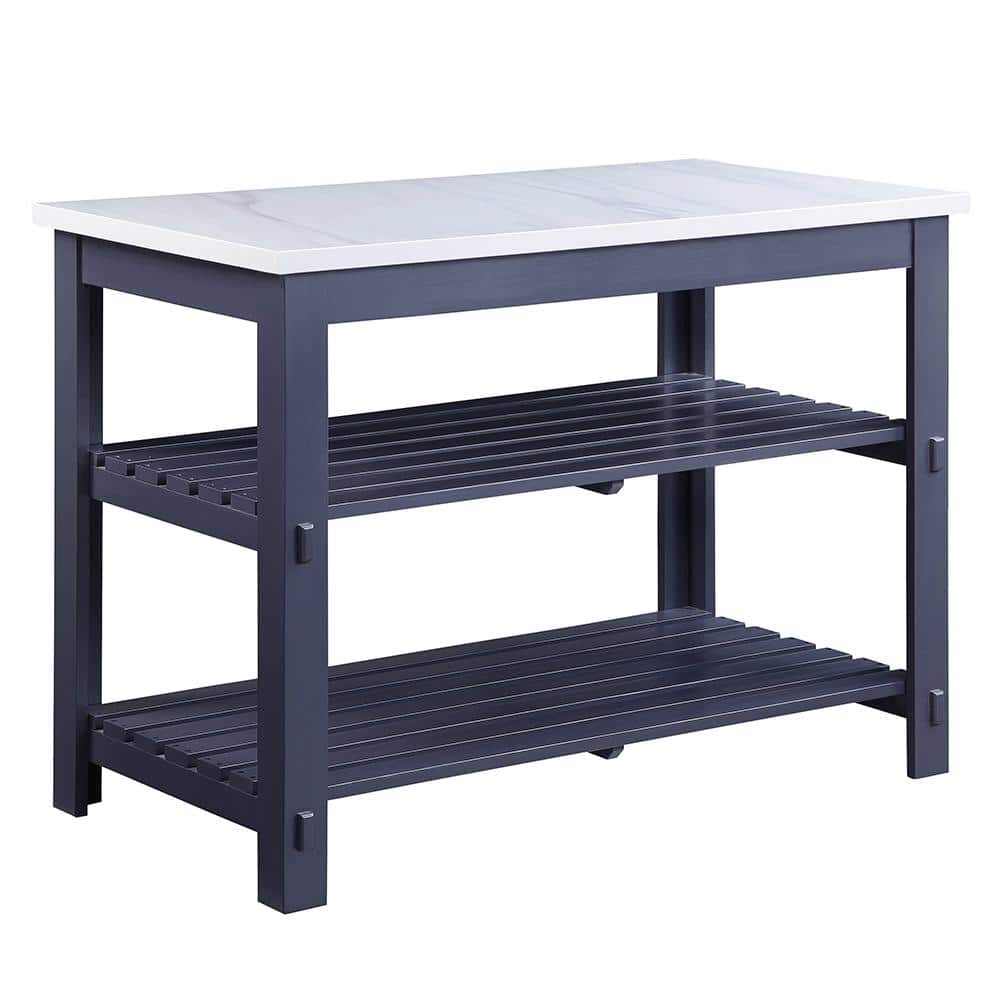 Gray Wooden Kitchen Island with Marble Top and Shelves
