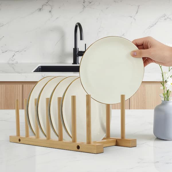 Wooden Bamboo Dish Rack Holder for Cabinet Pots Lid and Cutting Boards, Kitchen Space Saving Storage, Natural (2-Pack)