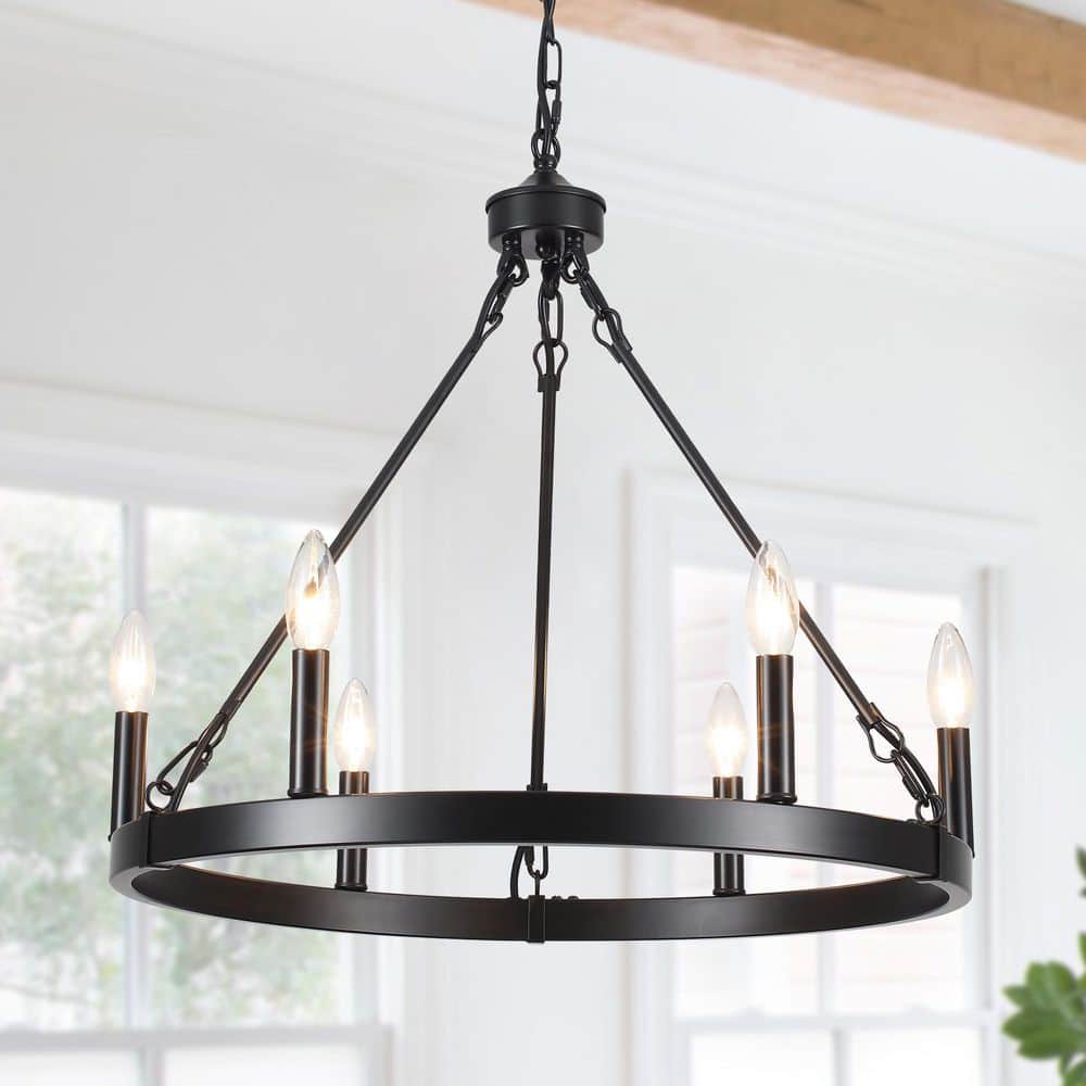 ZJVAIVE 6 Light Matte Black Farmhouse Wagon Wheel Chandelier for Living ...