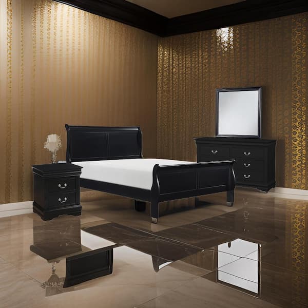 Benjara Fy 4-Piece Black and Antique Nickel Wood Queen Size Bedroom Set with Antique Nickel Metal Handles