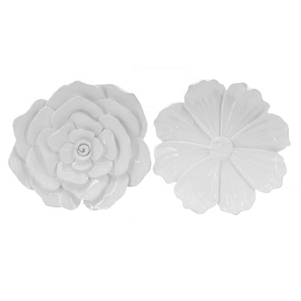 Benjara Dazzle 11 and 12 in. White Resin 3-D Floral Wall Accent (Set of 2)