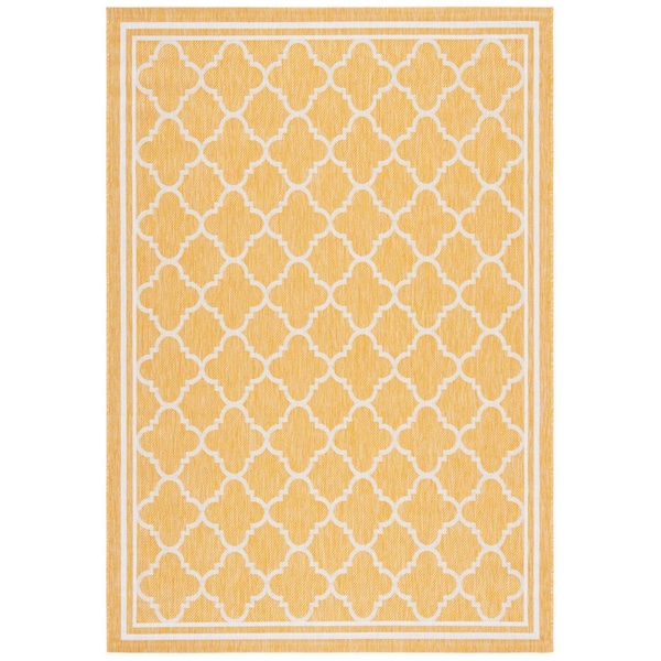 Courtyard Gold/Beige 8 ft. x 10 ft. Border Quatrefoil Indoor/Outdoor Patio  Area Rug