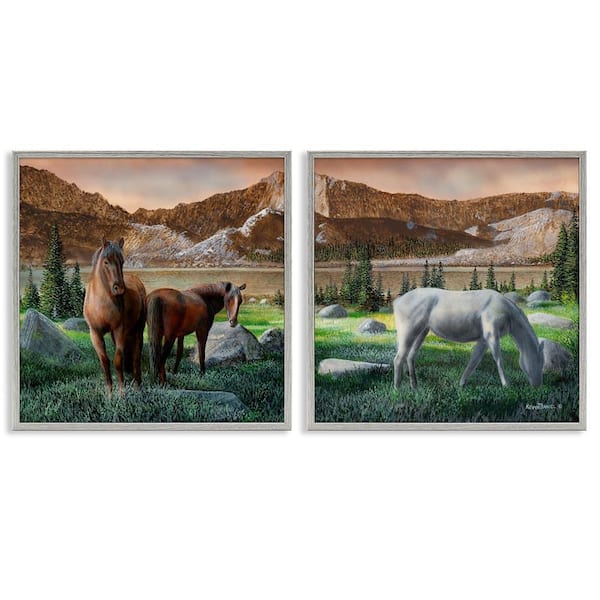 Stupell Industries Country Valley Horses Grazing by Kevin Daniel 2-Pieces Gray Framed Animal Giclee Art Print 12 in. x 12 in.