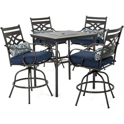 Montclair 5-Piece Steel Outdoor Bar Height Dining Set with Navy Blue Cushions, 4-Swivel Chairs and a 33 in. Dining Table