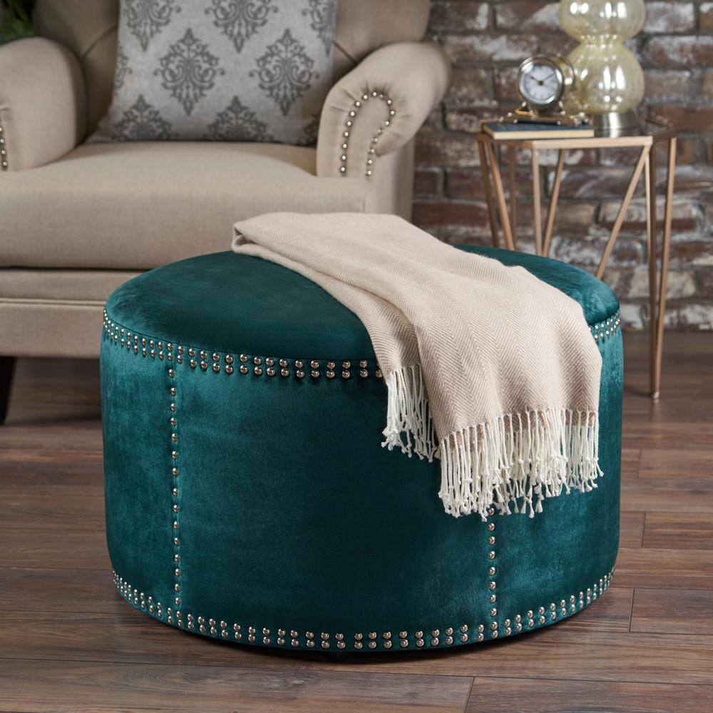 Teal Velvet Round Studded Accent Ottoman