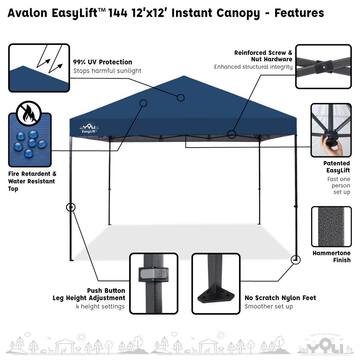 Yoli Avalon EasyLift 12 ft. x 12 ft. Instant Pop-Up Canopy Tent with Wheeled Carry Bag and Bonus 4 Anchor Bags AVLN144BLUANCR