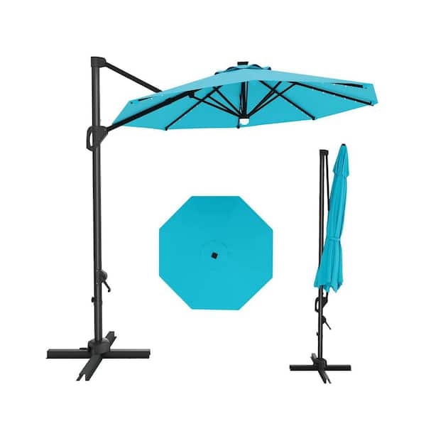 Garvee 10 ft. Outdoor Solar LED Lighted Cantilever Offset Patio Umbrella with Crank & Cross Base in Turquoise Blue