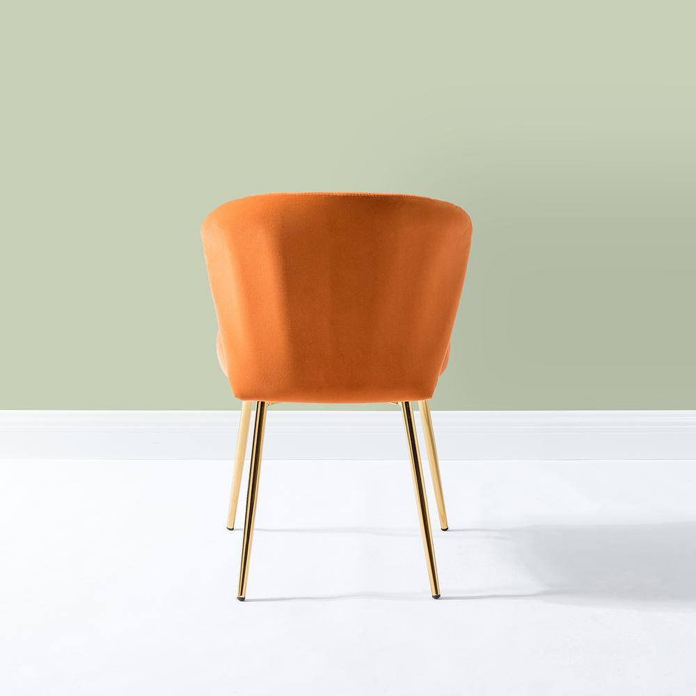 Velvet Upholstered Low Back Side Chair in Orange with Brass Legs, Set of 2