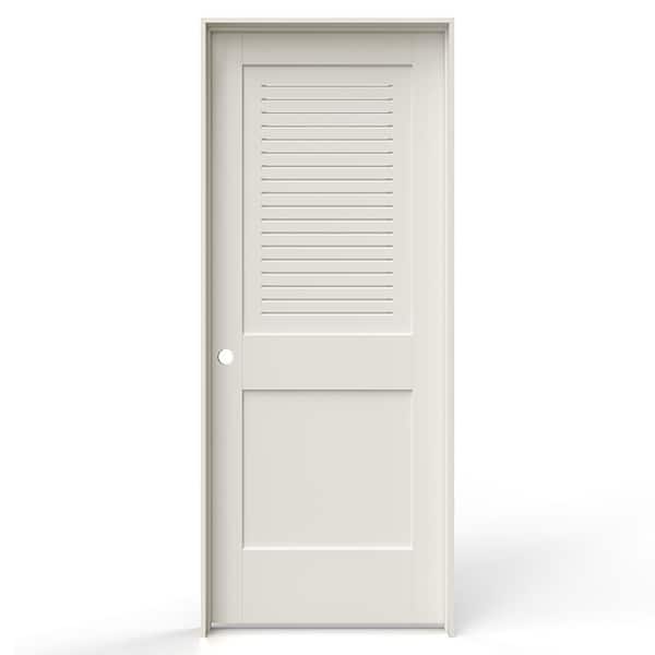 JELD-WEN 32 in. x 80 in. 2 Panel Right-Handed Primed MDF Wood Single Prehung Interior Door Upper Modern Ventilated Panel Louver
