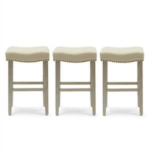 Jameson 29 in. Bar Height Antique Gray Wood Backless Nail Head Trim Barstool with Beige Linen Saddle Seat (Set of 3)