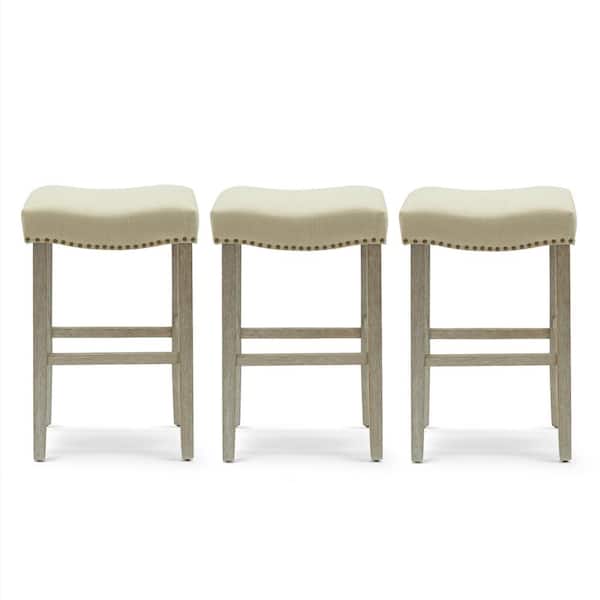 Jameson 29 in. Bar Height Antique Gray Wood Backless Nail Head Trim Barstool with Beige Linen Saddle Seat (Set of 3)
