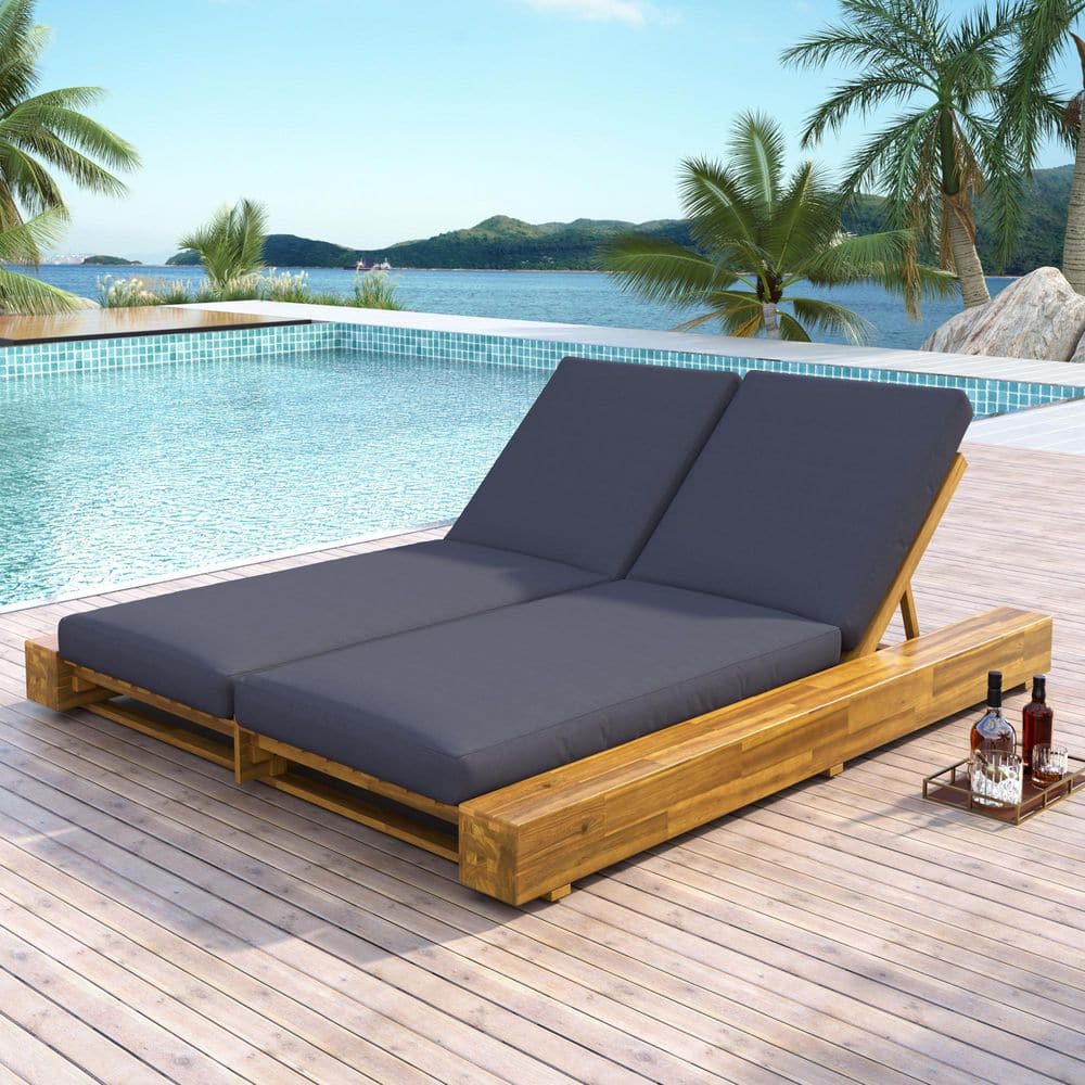 Wright Teak Finish Solid Wood Patio Outdoor Double Chaise Lounge with Dark Grey Cushions, 4-Position Adjustable Backrest price history on PriceWatchPro
