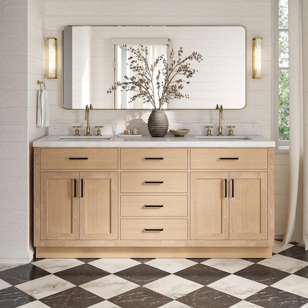 Hepburn 72 in. Double Sink Freestanding Bathroom Vanity in Oak with Carrara White Quartz Top