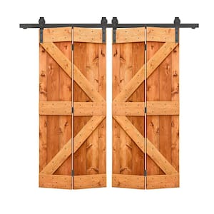 40 in. x 84 in. K Series Red Walnut Stained DIY Wood Double Bi-Fold Barn Doors with Sliding Hardware Kit