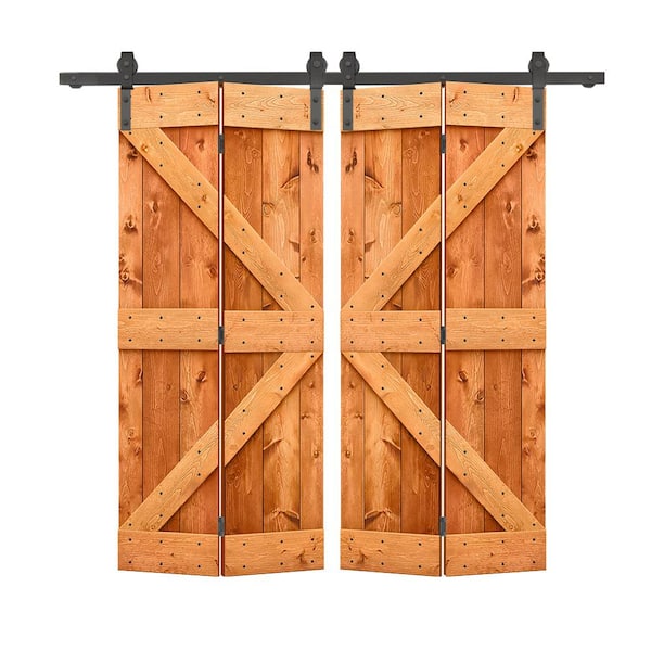 CALHOME 60 in. x 84 in. K Series Red Walnut Stained DIY Wood Double Bi-Fold Barn Doors with Sliding Hardware Kit