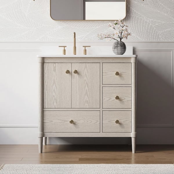 ETHAN 36 in. W x 22 in. D x 35 in. H Single Sink Freestanding Solid Wood Bath Vanity in OAK with Quartz Top