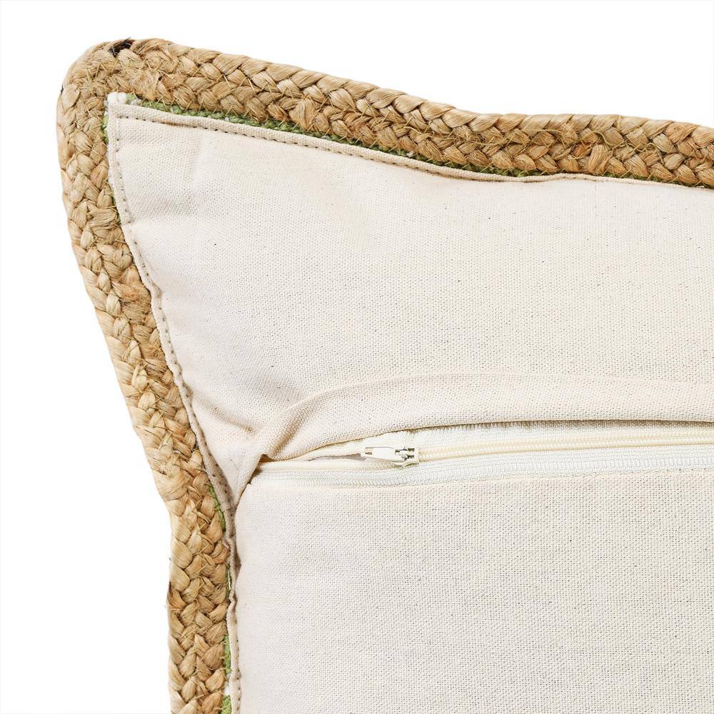 Turquoise and Jute Bordered Square Throw Pillow, 20" x 20"
